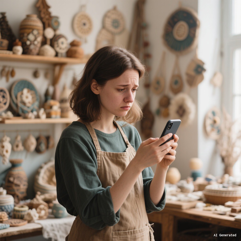 Artesã frustrada olhando para o celular com baixo engajamento