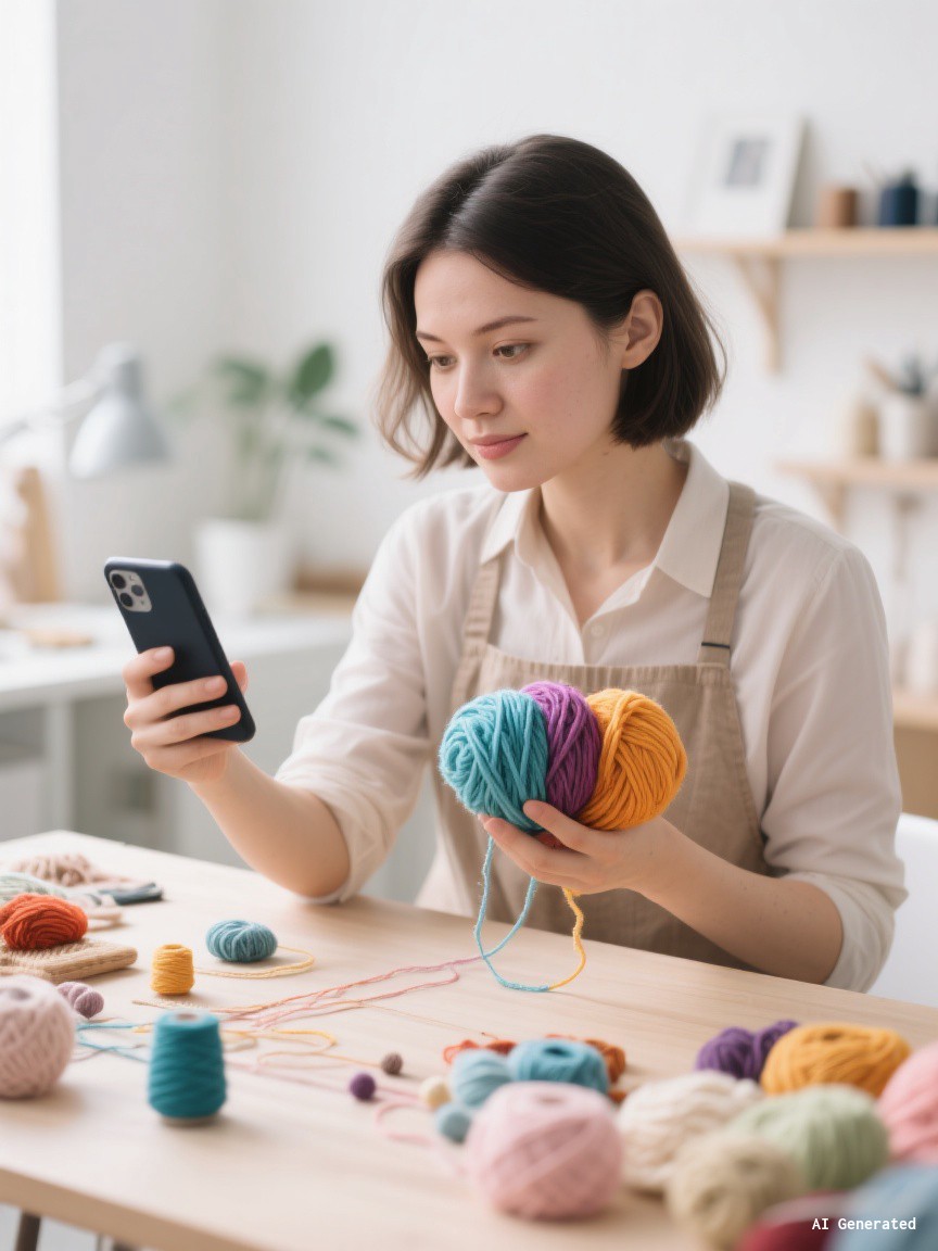 Artesã trabalhando com artesanato enquanto usa Instagram